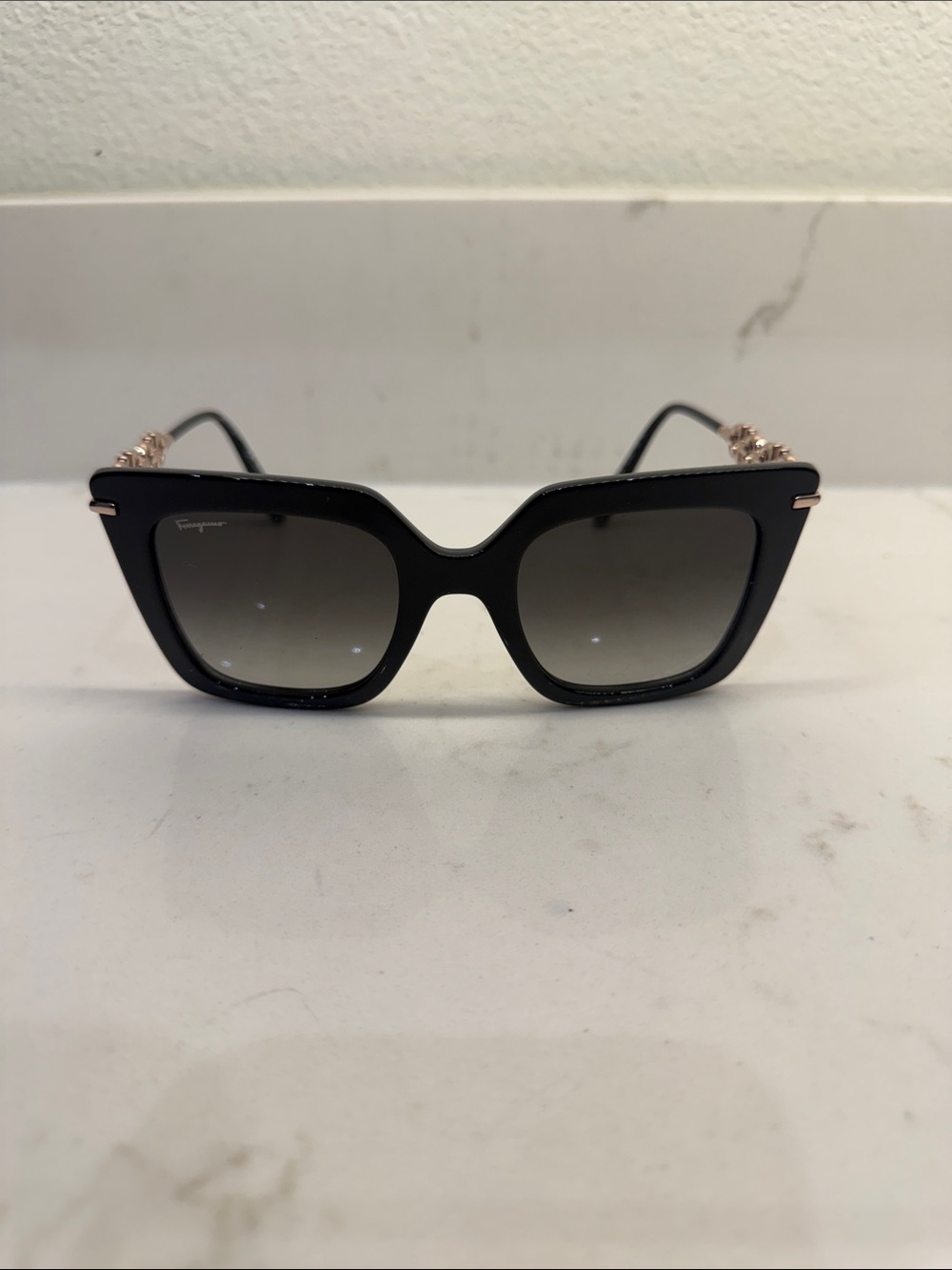 Salvatore Ferragamo Black Sunglasses with Gradient Smoke Lenses and Gold Accents